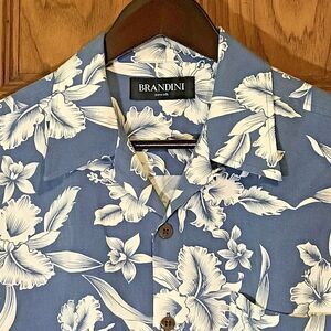 Brandini Pure Silk Hawaiian Shirt Men's M Blue White Orchid Floral SS Top Loop